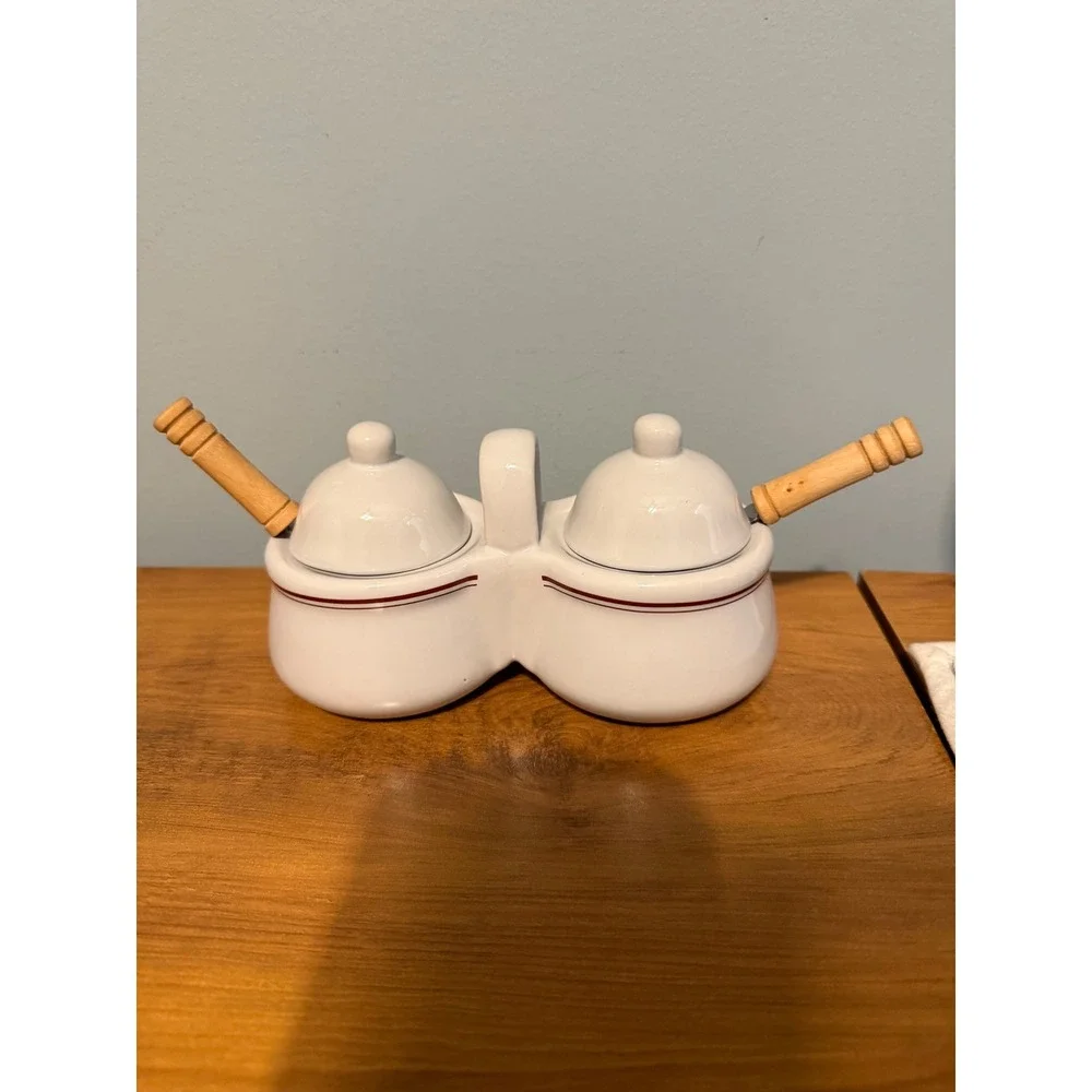 Houston Harvest Ceramic Double Condiment Server Fruit Motif with Spoons 1812FY06
